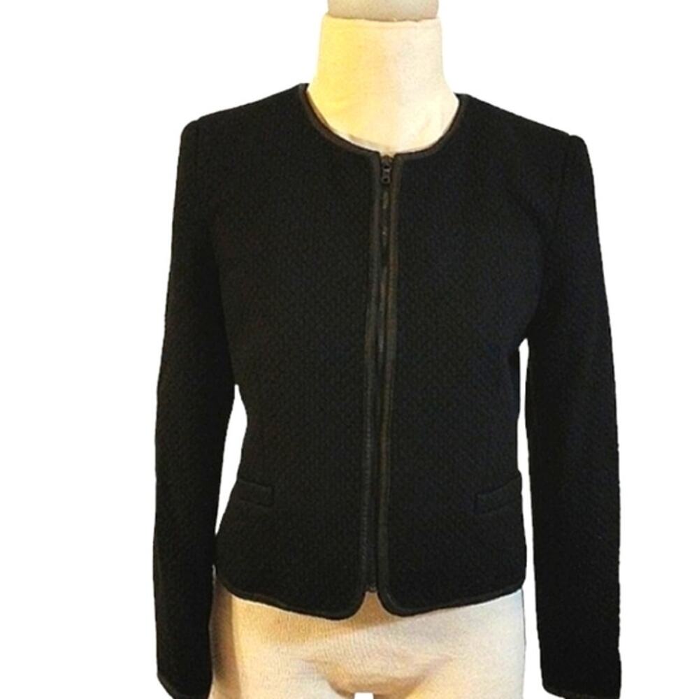 Alice + Olivia Jacket  Sz SP Black LAMB LEATHER TRIM Puff Quilted Blazer Regency